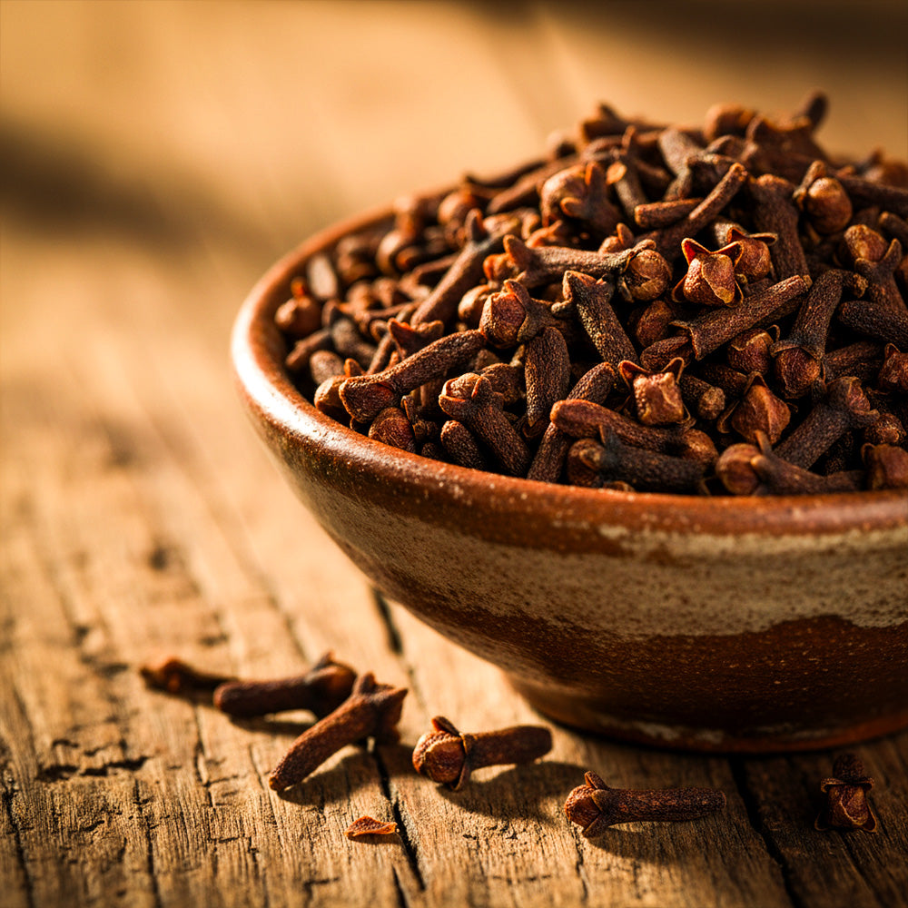A-grade whole cloves (laung) from Ooty in a clay bowl