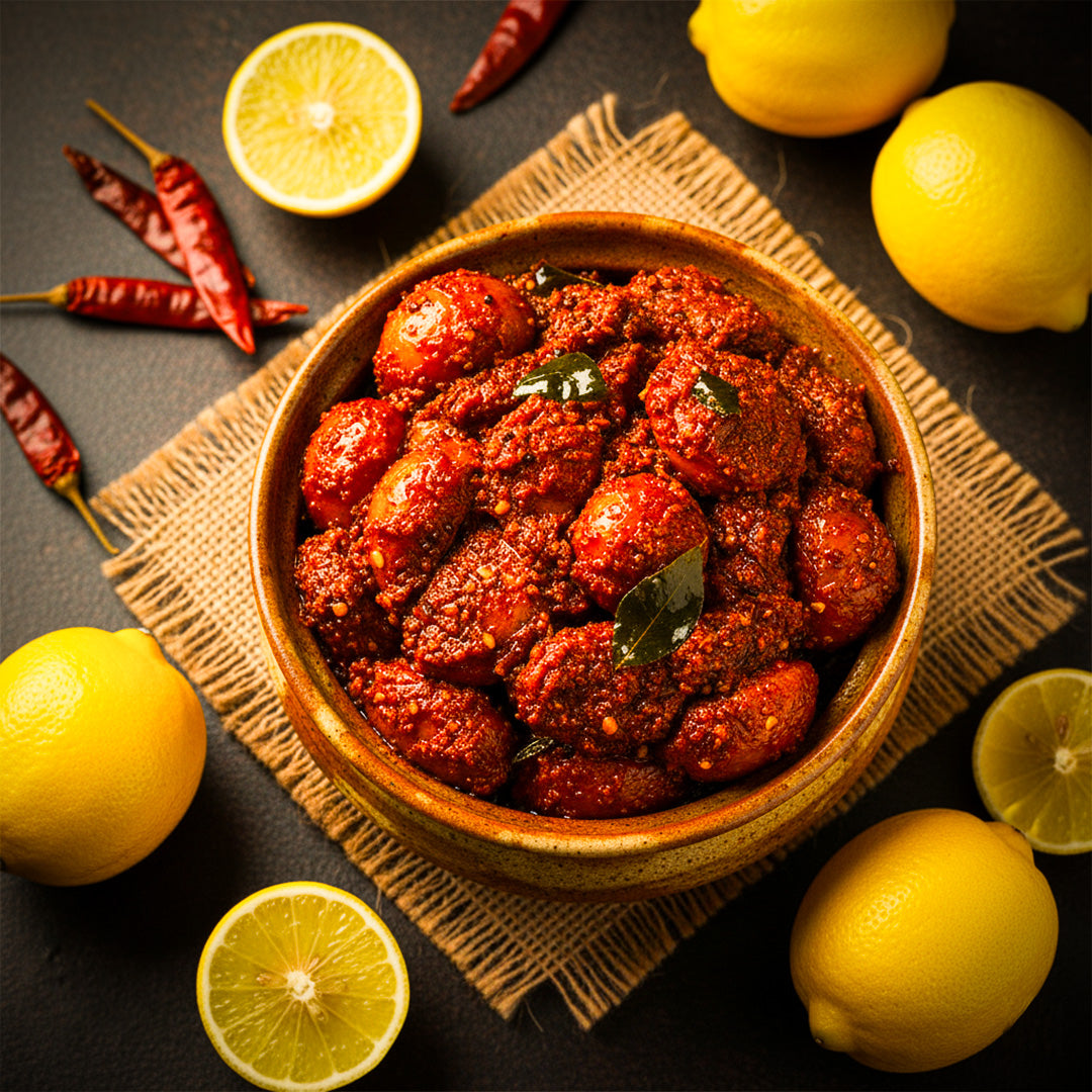 Authentic lemon pickle in a bowl with fresh lemons and dried red chillies