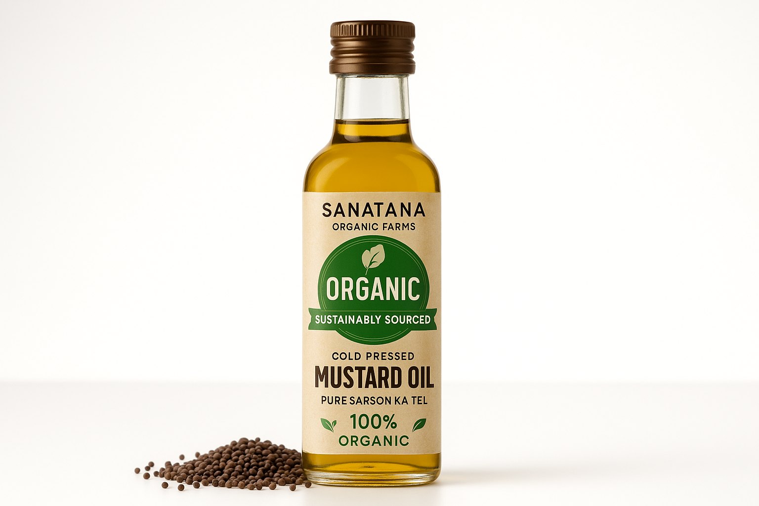 Sanatana Organic Farms cold pressed mustard oil (sarson ka tel) bottle with mustard seeds