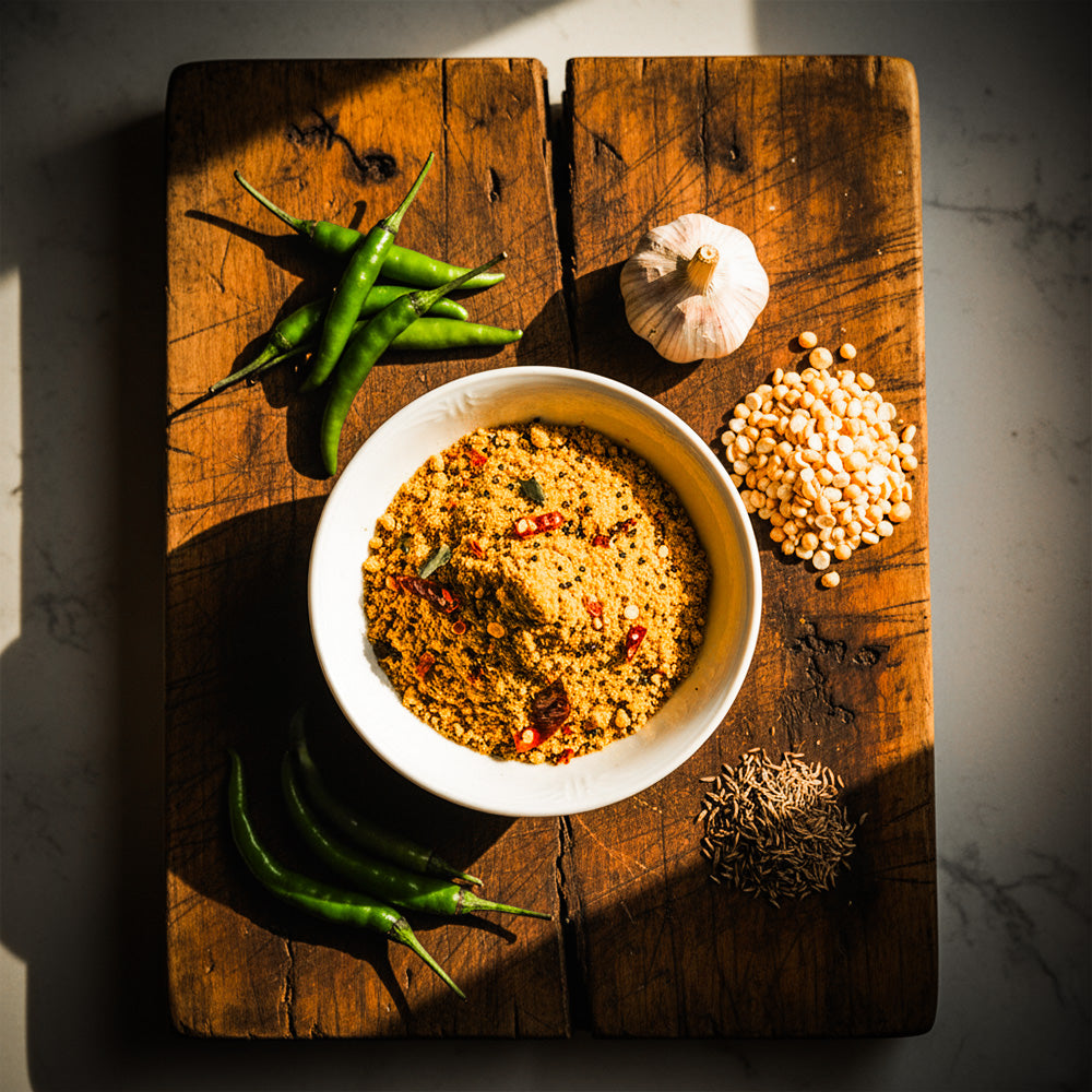 Pachimirchi senaga kaaram — green chilli and chana dal podi with garlic